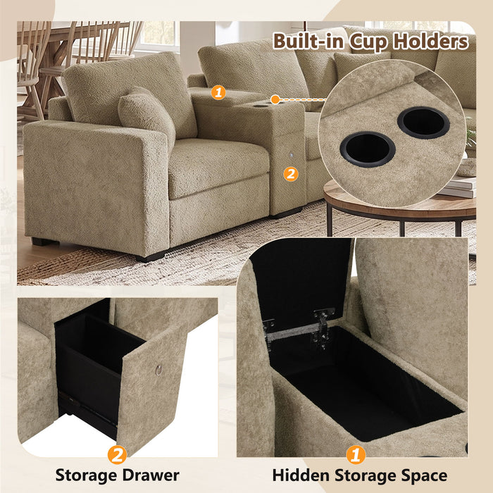 Modular 5 Seat U-Shape Sectional Sofa With Chaise Lounge, Built In Cup Holders And Storage Drawer