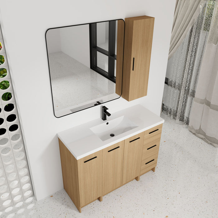 Freestanding Bathroom Vanity Set With Tall Side Cabinet, 3 Drawers And 3 Door Cabinet, Integrated Sink, Large Storage - Glossy White / Light Oak