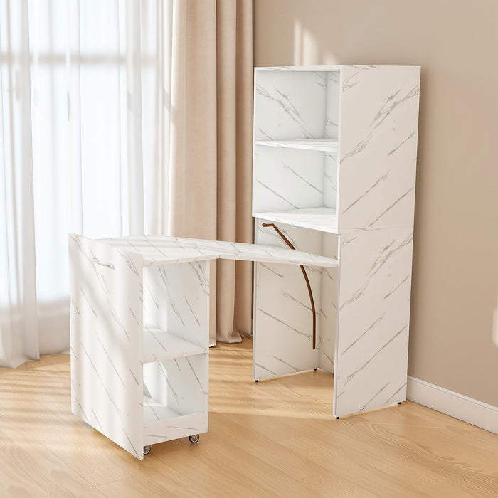 Stretchable Office Desk With Storage Shelves And Mobile Wheels, Foldable Design For Small Apartments - White Marble