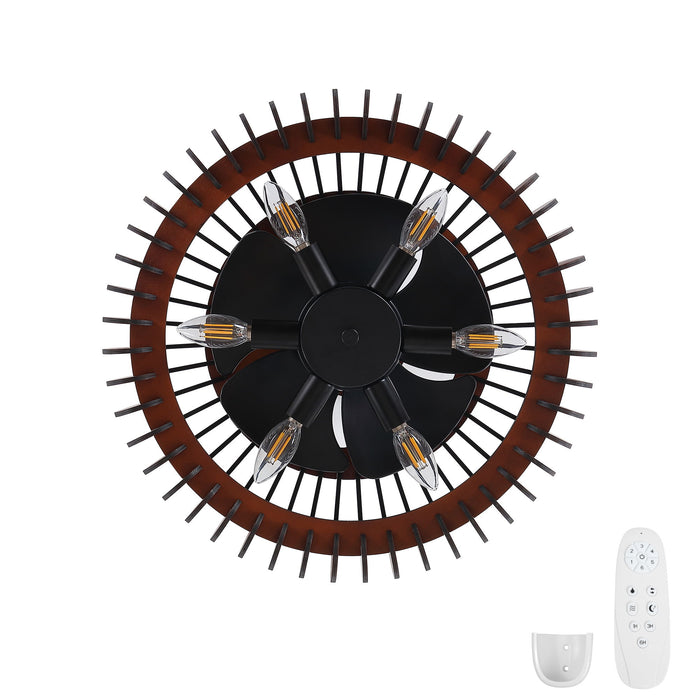 Pumpkin Ceiling Fan, Fandelier With 6 E12 Sockets, Reversible DC Motor, Adjustable Hanging, 6 Speeds Remote Control - Black