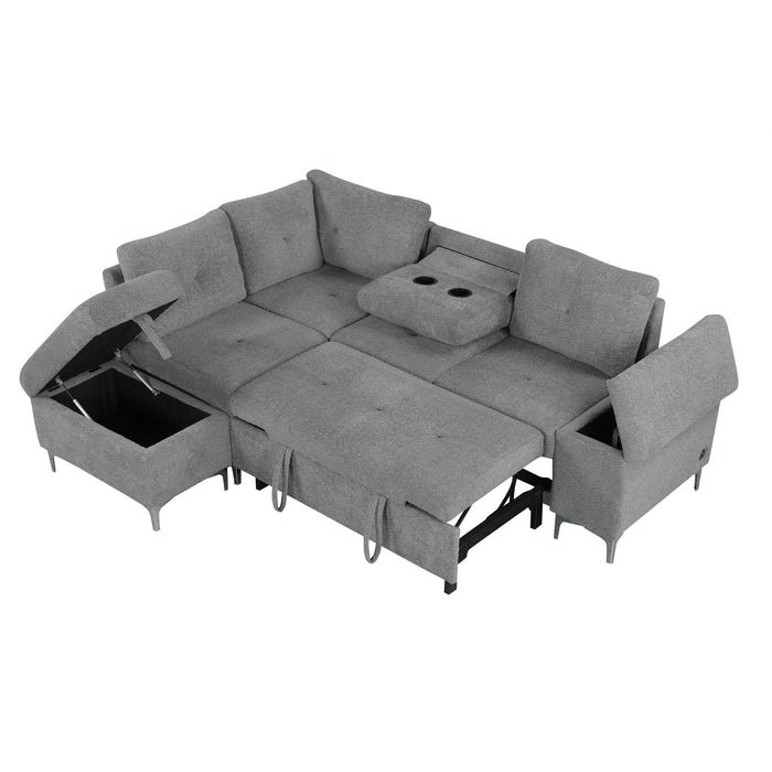 Versatile L Shaped Sofa Bed With Storage, Cup Holders, USB Ports Chenille