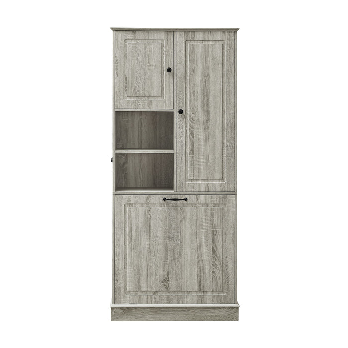 Modern Tall Storage Cabinet With Adjustable Shelves, Flip-Out Basket & Enclosed Doors
