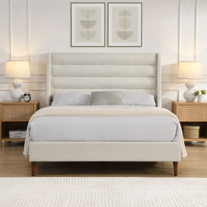 Modern Upholstered Platform Bed With Wave Shaped Headboard