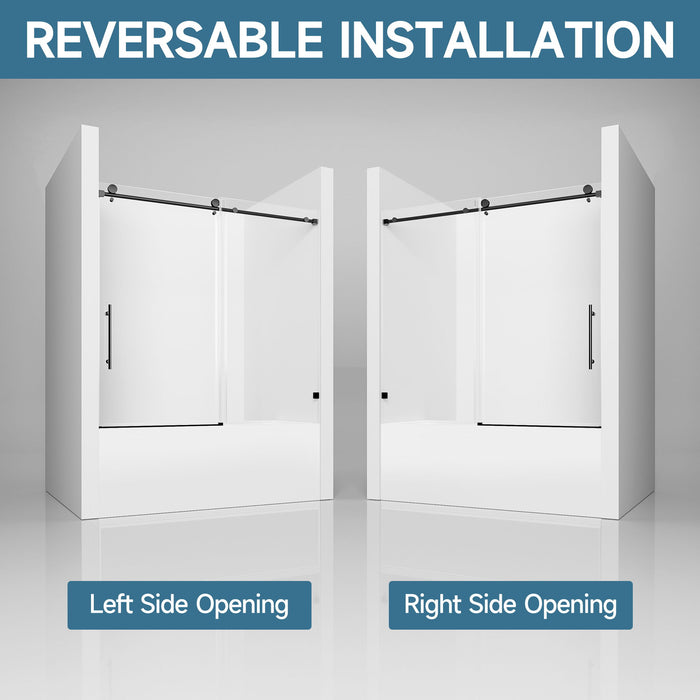 Frameless Single Sliding Shower Door With Soft Close, 5 / 16" Clear Nano Coated Tempered Glass, 60" X 60" - Matte Black