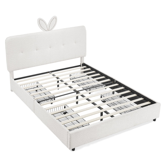 Upholstered Bed With Oversized Rabbit Ear Headboard, LED Lights & 4 Storage Drawers