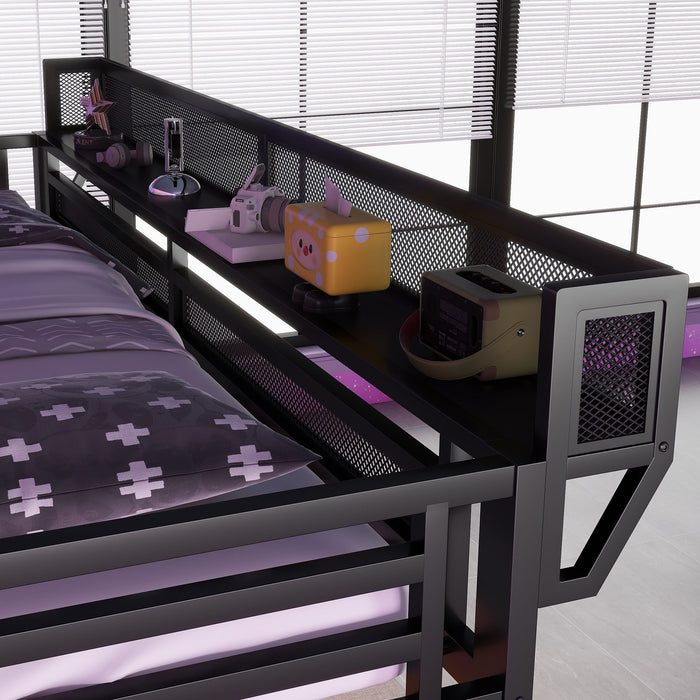 Loft Bed With Desk And Charging Station With Stairs And Light