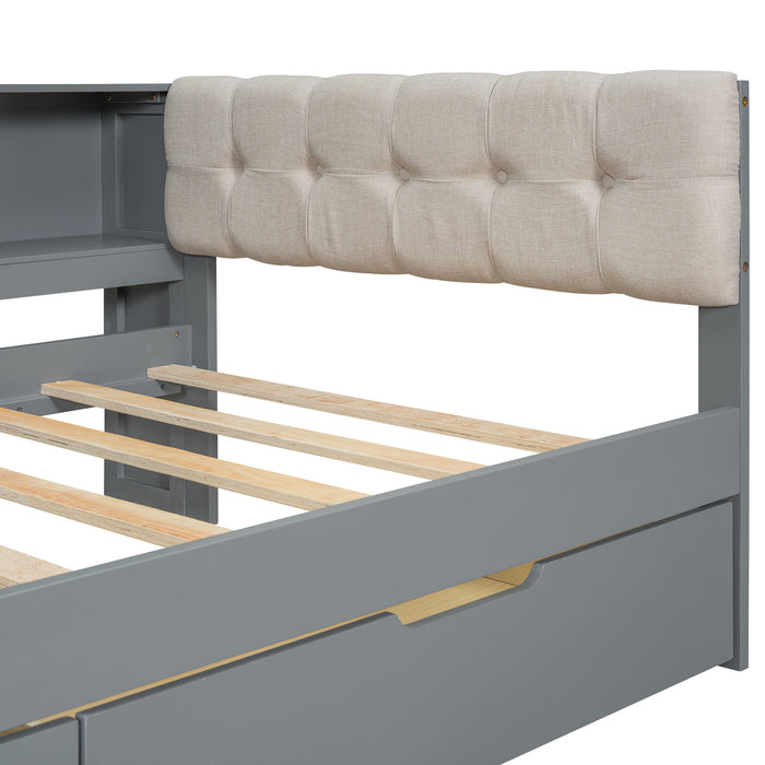 Upholstered Headboard Platform Bed With Storage Shelves, Drawers, Charging Station