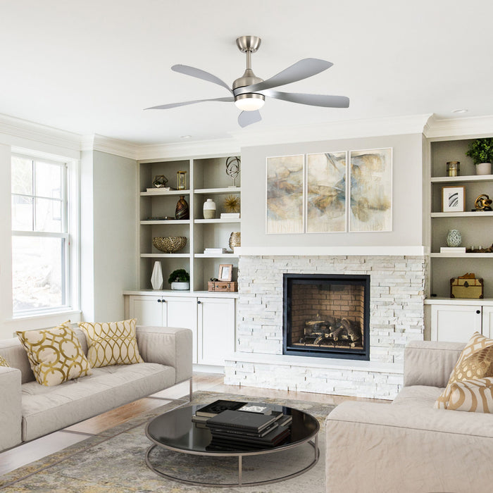 52" Ceiling Fan With Light Featuring 5 Blades Dimmable LED And Memory Function - Nickel