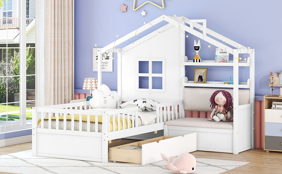 House Bed With Sofa, Kids Platform Bed With 2 Drawers And Storage Shelf