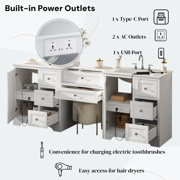 Double Sink Bathroom Vanity With Countertop, 2 Ceramic Sinks, 6 Drawers, Soft Close Design