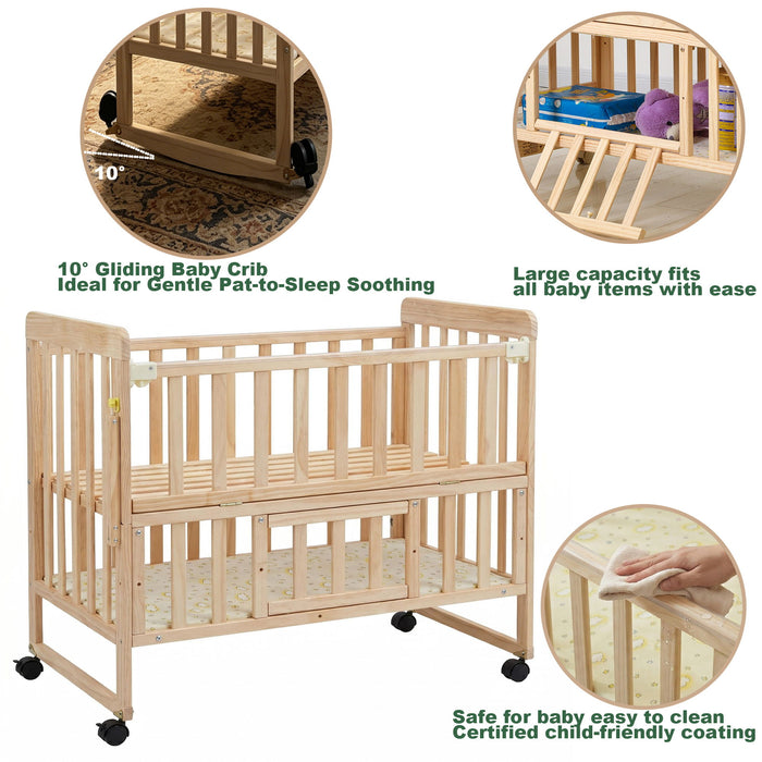 Portable Mini Baby Crib 5 In 1 Convertible With Foldable Storage - Natural Wood