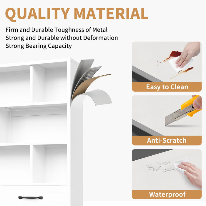 Bookcase Tall With 2 Doors & 2 Drawers, Fixed Open Shelves - White