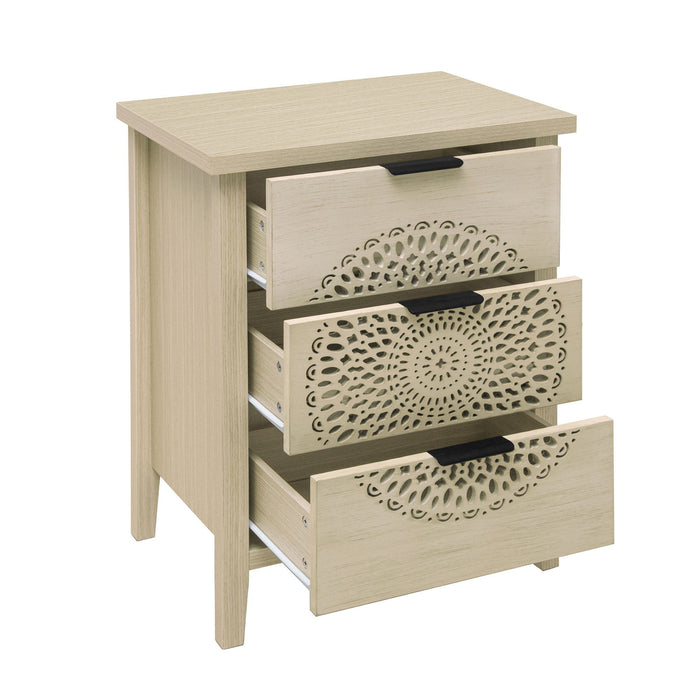 Hollow Carved 3 Drawer Cabinet Dresser Storage Chest With Metal Handles For Living Room Bedroom - Natural
