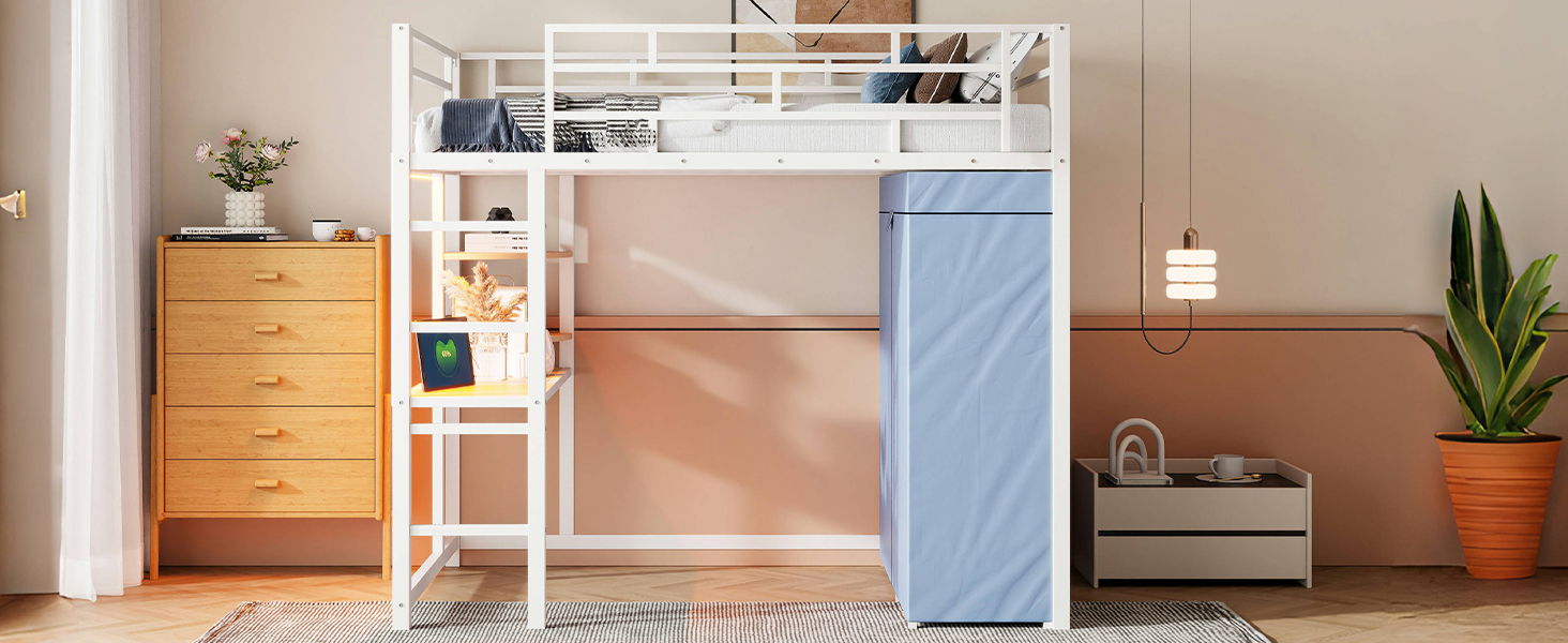 Loft Bed With Desk, Shelves, Power Outlet, LED Light And Wardrobe