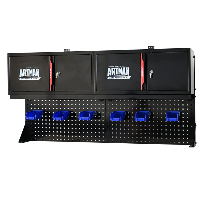 Wall Mounted Double Door Storage Cabinet With Tool Rack And Hooks, Stainless Steel - Black / Red