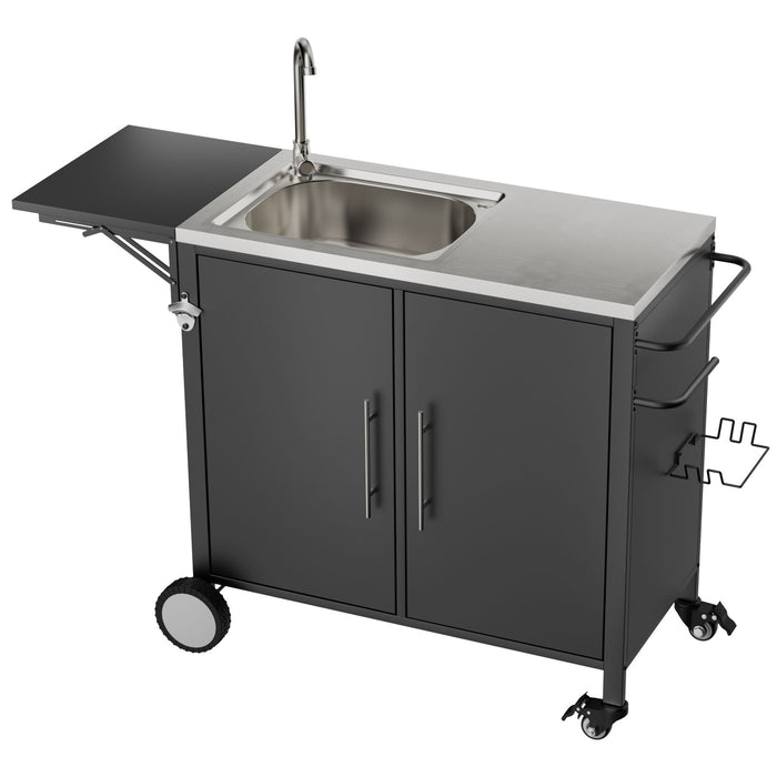 Outdoor Grill Table With Sink, Worktable Kitchen Cabinet Island With Wheels & Foldable Top - Black