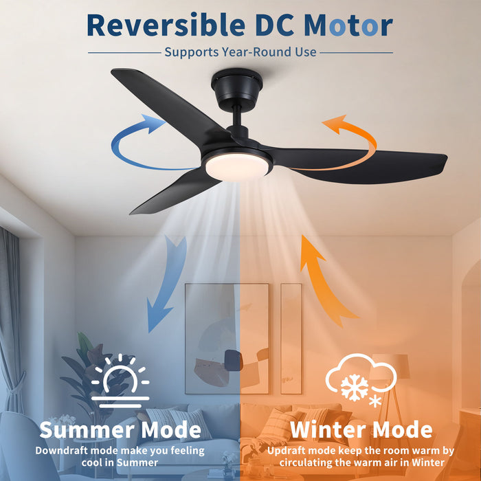 Outdoor Waterproof Ceiling Fan With Light And Quiet DC Motor, Blades For Bedroom - Black