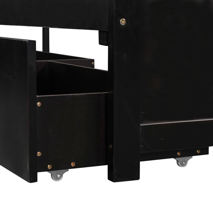 L Shaped Platform Bed With Trundle And Drawers Linked With Built In Desk