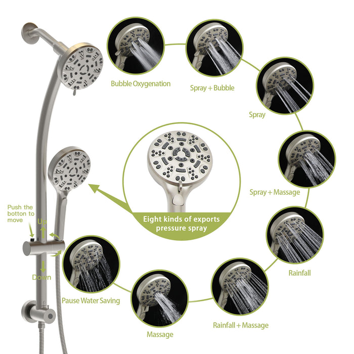 Multi Function Dual Shower Head System With 4.7" Rain Showerhead, 8 Function Hand Shower, Adjustable Slide Bar