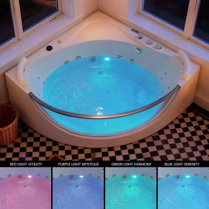 Korra - 2 Person Acrylic Corner Whirlpool Bathtub With Hydro Massage, Rainbow Light, Heater - Milk White