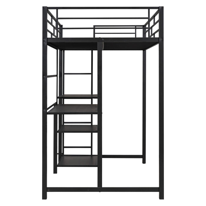 Metal Loft Bed With Desk, 3 Shelves And Ladder