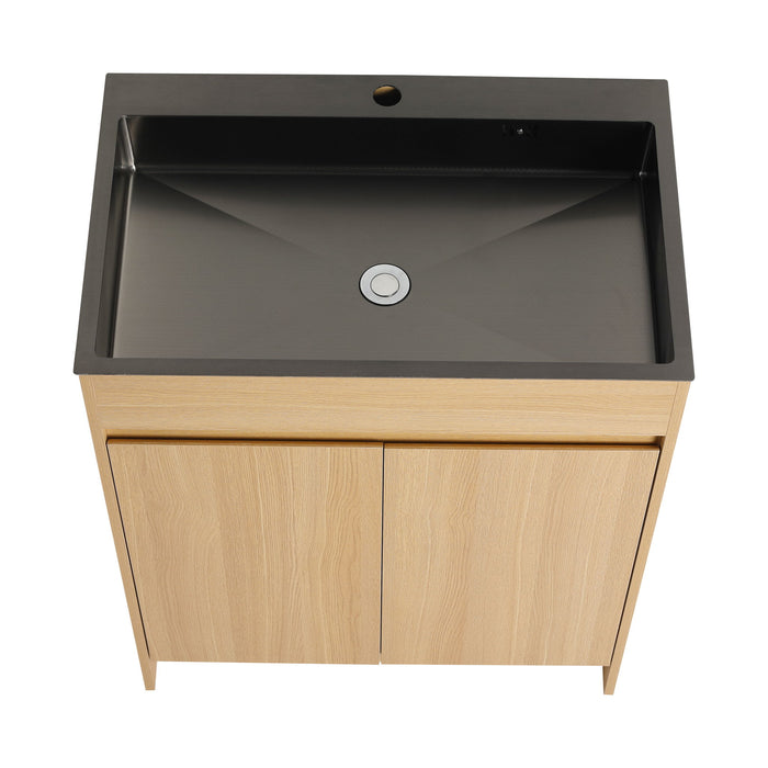 28" Freestanding Bathroom Vanity With Sink, Soft Close Doors - Oak