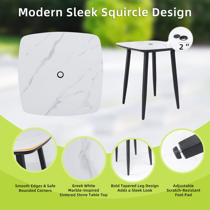 Modern Outdoor Bar Table, Rounded Square Sintered Stone Top With Umbrella Hole, Rust Free Frame, Weatherproof - Ember Black / White