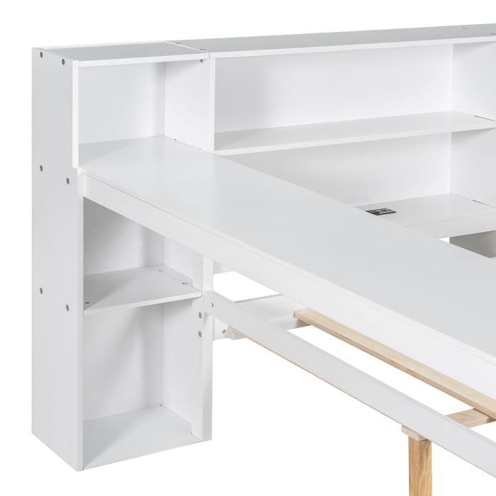 Platform Bed With Storage Shelves, Drawers, Charging Station, LED, Desk