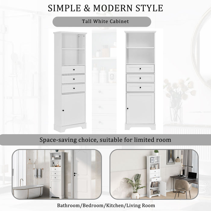 Tall Storage Cabinet With 3 Drawers And Adjustable Shelves For Bathroom