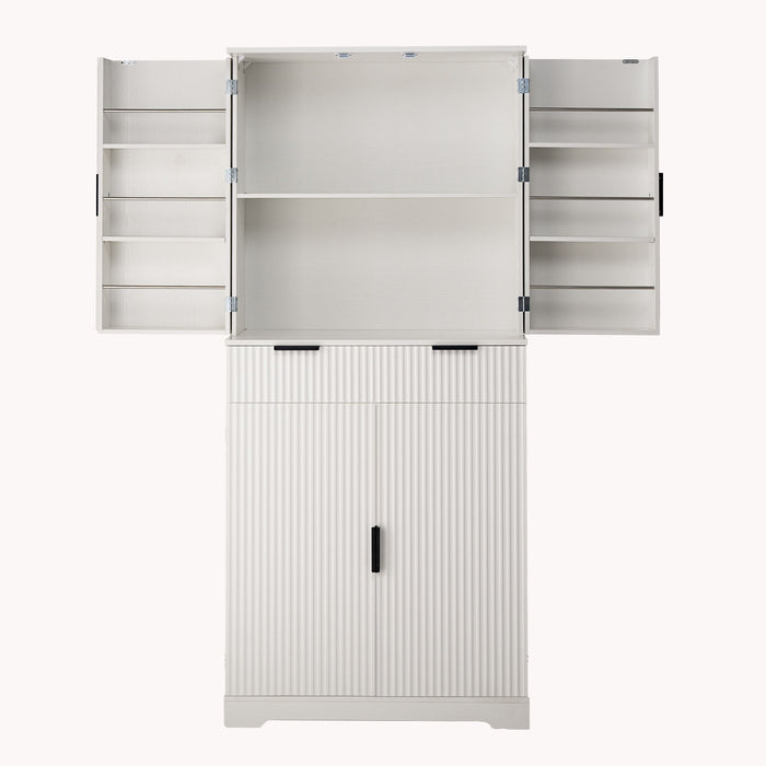 Fluted Kitchen Pantry Cabinet With 3 Keyboard Drawers & 6 Adjustable Door Shelves