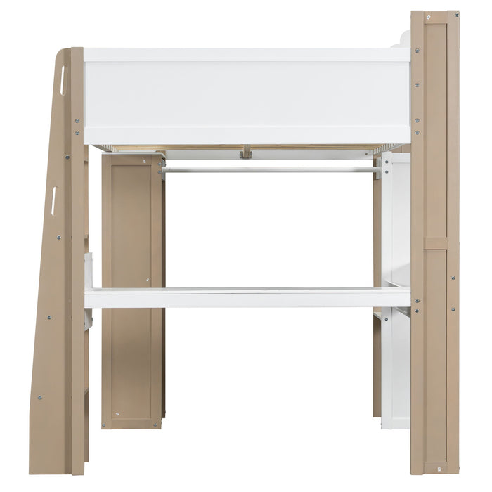Loft Bed With Built In Storage Shelves, Clothes Rail, And Desk