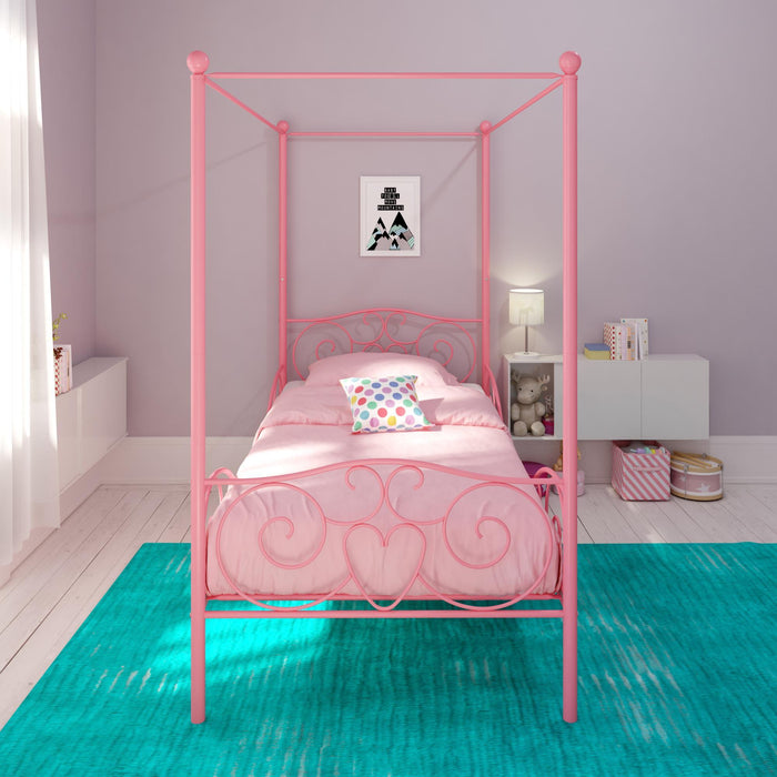 Twin Canopy Bed With Heart Scroll Design And Finial Posts - Pink