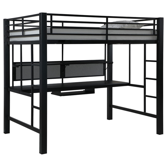 Ranier - Full Workstation Loft Bed, Full Length Desk, Safety Rails And Storage Shelves - Black