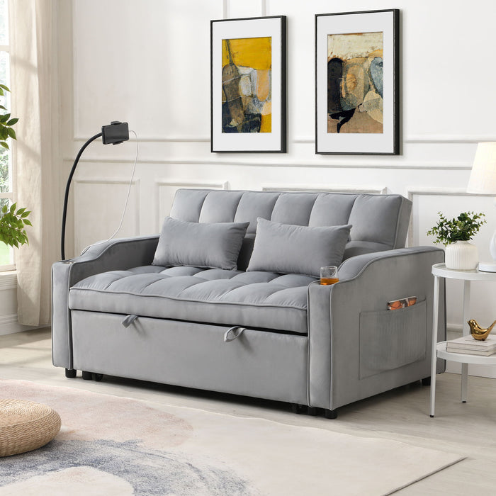 Modern Velvet Loveseat Futon Sofa With Pullout Bed, Adjustable Reclining Backrest, Toss Pillows
