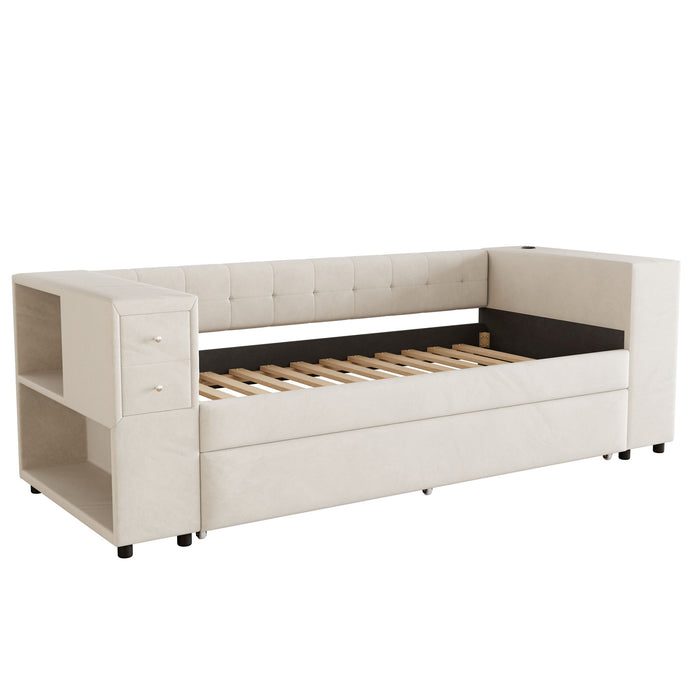 Upholstered Bed With Storage And Twin Trundle, USB Charging Ports