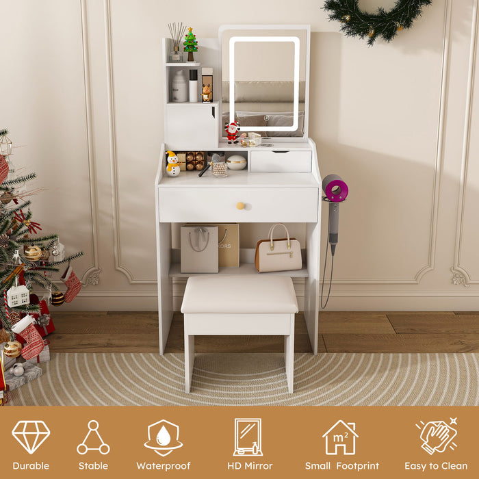 3 Color LED Vanity Mirror With Stool, Dressing Table For Bedroom, 2 Drawers & 5 Storage Cabinets (4 Open + 1 Hidden), Adjustable Lighting - White