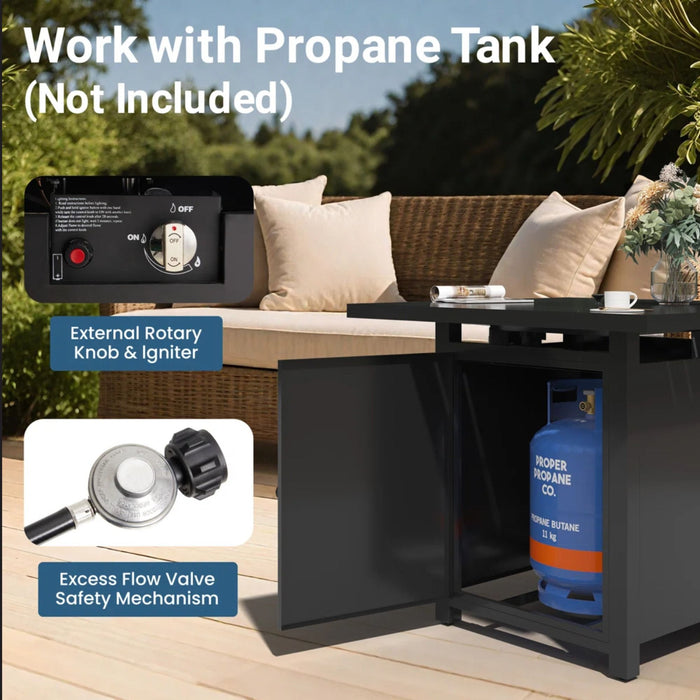 Square 2 In 1 Outdoor Propane Fire Pit Table With Stainless Burner, Lava Rocks, Lid & Waterproof Cover - Black