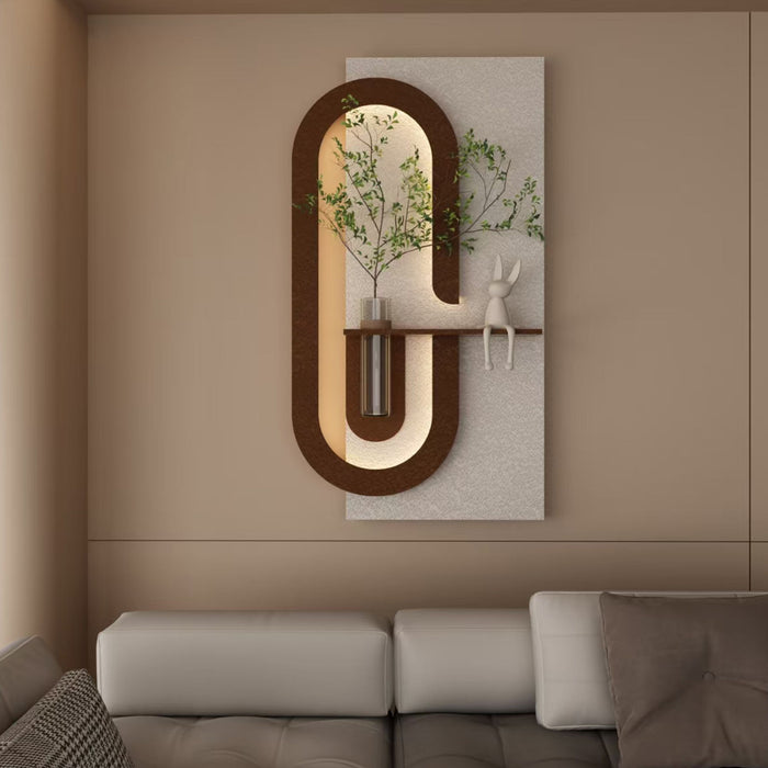 Adjustable LED Sandstone Wall Decor With Simulated Plants 3D Art Sculpture, Glass Vase & Rabbit Statue, Remote Control - Light Coffee