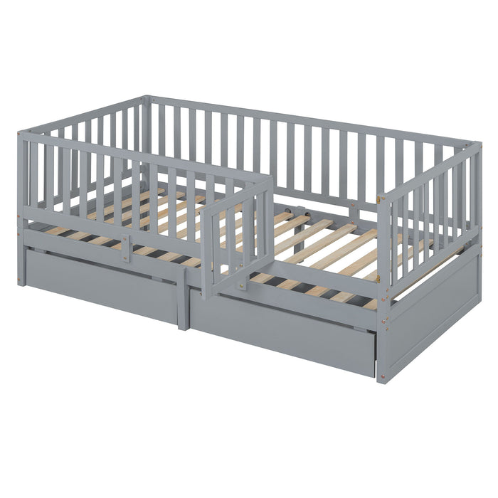 Daybed With Fence Guardrails And 2 Drawers, Split Into Independent Floor Bed & Daybed