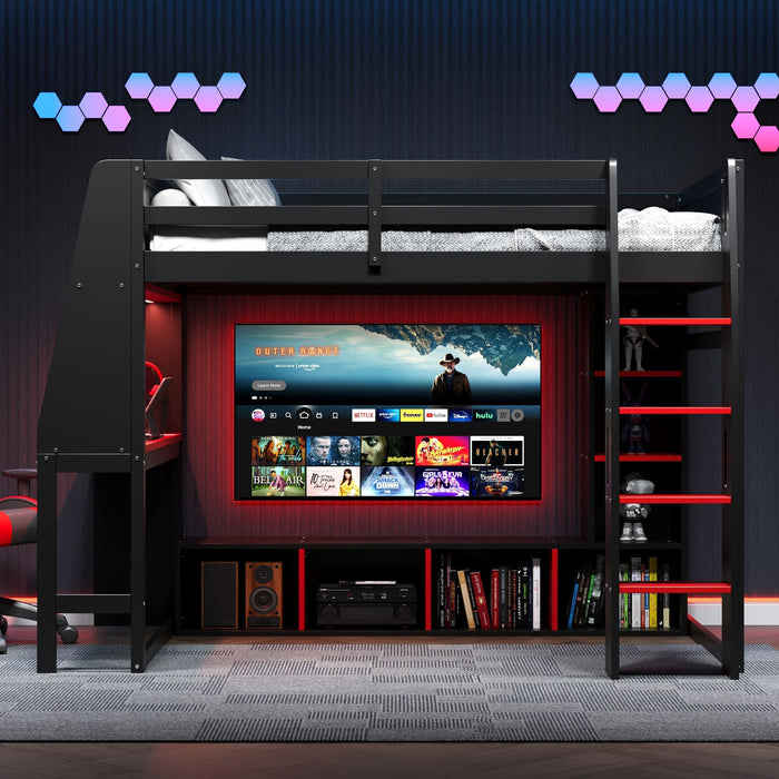Gaming Loft Bed With Desk, Multi Storage Shelves, LED Lighting, And Hanging Clothes Rack