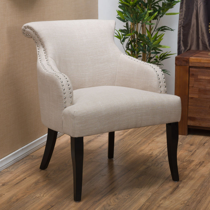 Upholstered Armchair With Rolled Back, Tapered Legs And Nailhead Trim - Light Beige