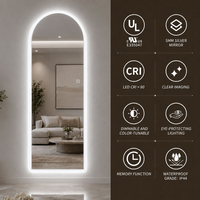 65" X 21" Arched LED Full Length Mirror, Wall Mounted Lighted Full Body Mirror With Frosted Edge Lighting, 3 Color Temperatures & Stepless Dimming - Silver