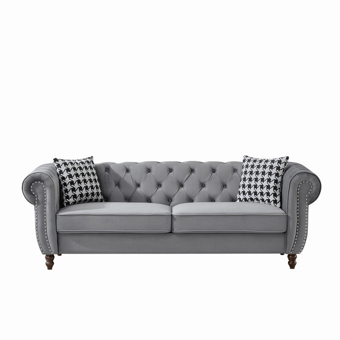 Chesterfield 3 And 2 Seater Velvet Upholstery Sofa With Roll Armrest & Nailhead Fabric Couch