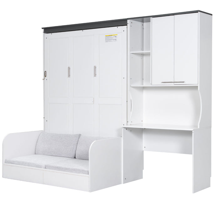 Multi Functional Murphy Bed With Sofa, Desk, And Storage Cabinet In, Full Size - White