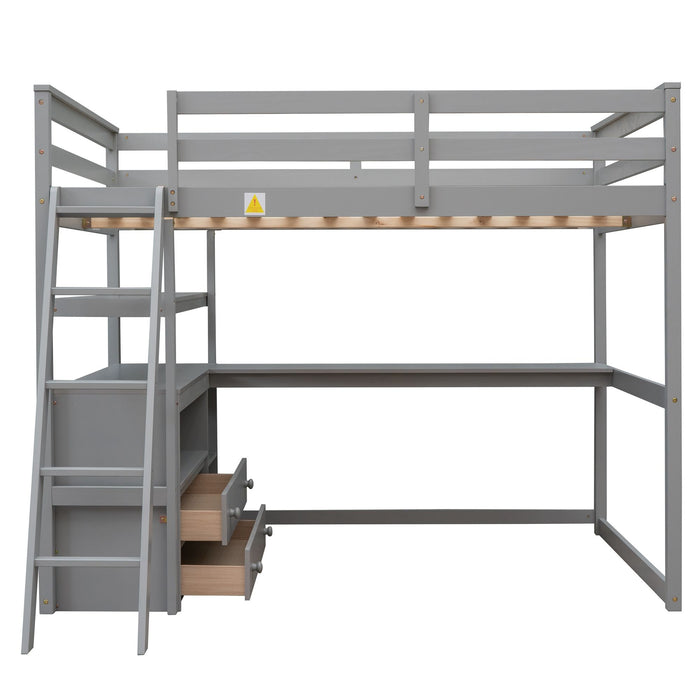 Modern Loft Bed With Built In Desk, Shelves, And 2 Drawers