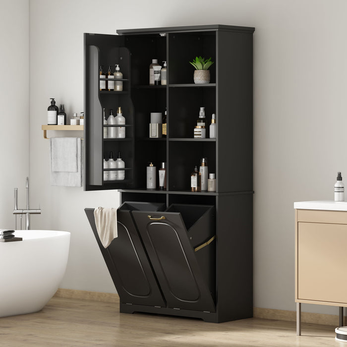 Freestanding Tall Storage Cabinet With 2 Tilt Out Hampers