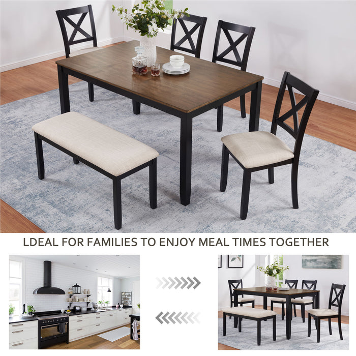 6 Piece Dining Table Set With Bench - Beige / Black / Oak