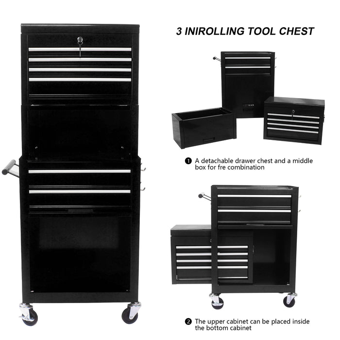 6 Drawer Lockable Tool Cabinet On Wheels, Steel Rolling Tool Chest With Detachable Toolbox