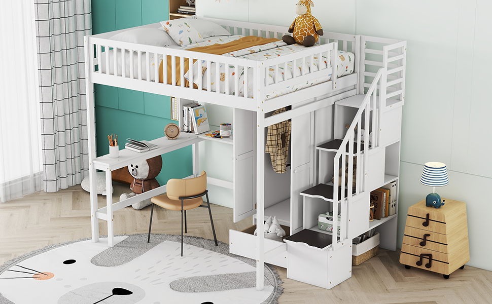 Loft Bed With Bookshelf, Drawers, Desk, And Wardrobe