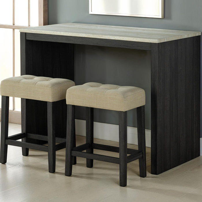 Dining Table Set With Biscuit Tufted Stools - Beige / Black / Gray